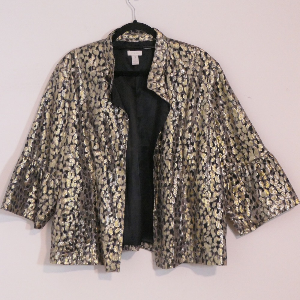 Chico's Women Jacket 3 Gold Metallic Leopard Print Silk Blend Mob Wife Holiday